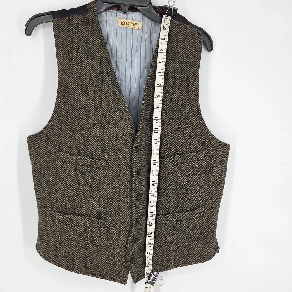 J. CREW Vest MOON Tweed Wool Fabric Men's Large Brown Herringbone Button Up